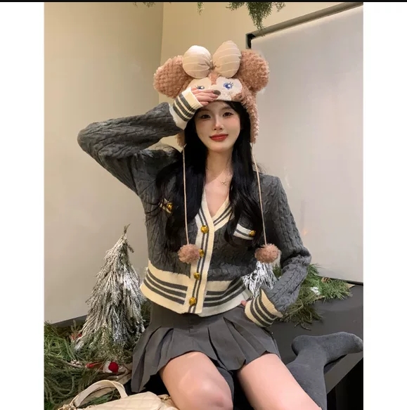 韩版灰色小香风麻花针织开衫女v领毛衣新款外套短款长袖上衣秋季