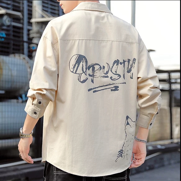 长袖衬衫男卡其色字母印花100%纯棉青少年学生衬衣服秋季个性外套